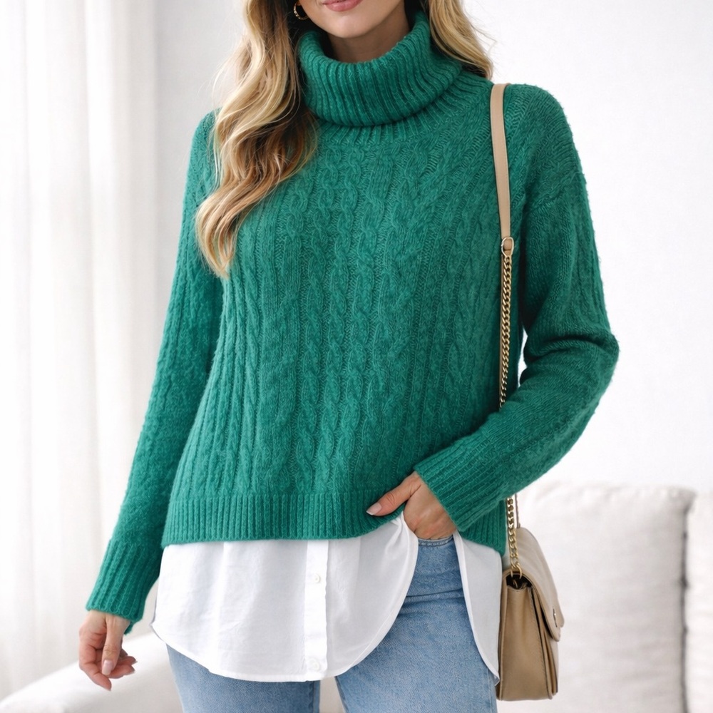 Green Cable Knit Turtleneck Sweater with built in undershirt